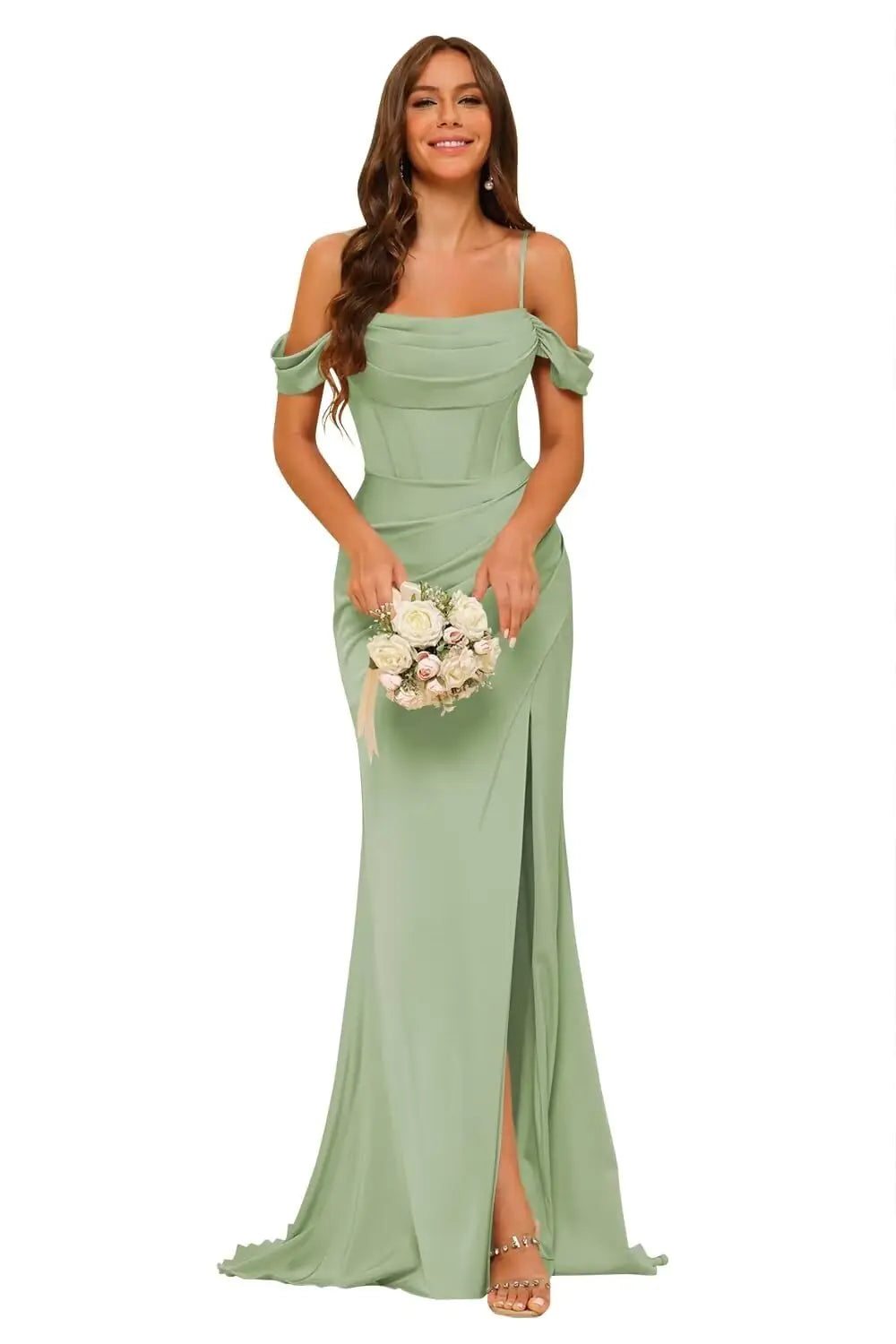 RUMUGUYA Womens Off Shoulder Mermaid Bridesmaid Dresses with Slit Long Satin Formal Dresses Sage Green for Wedding 8
