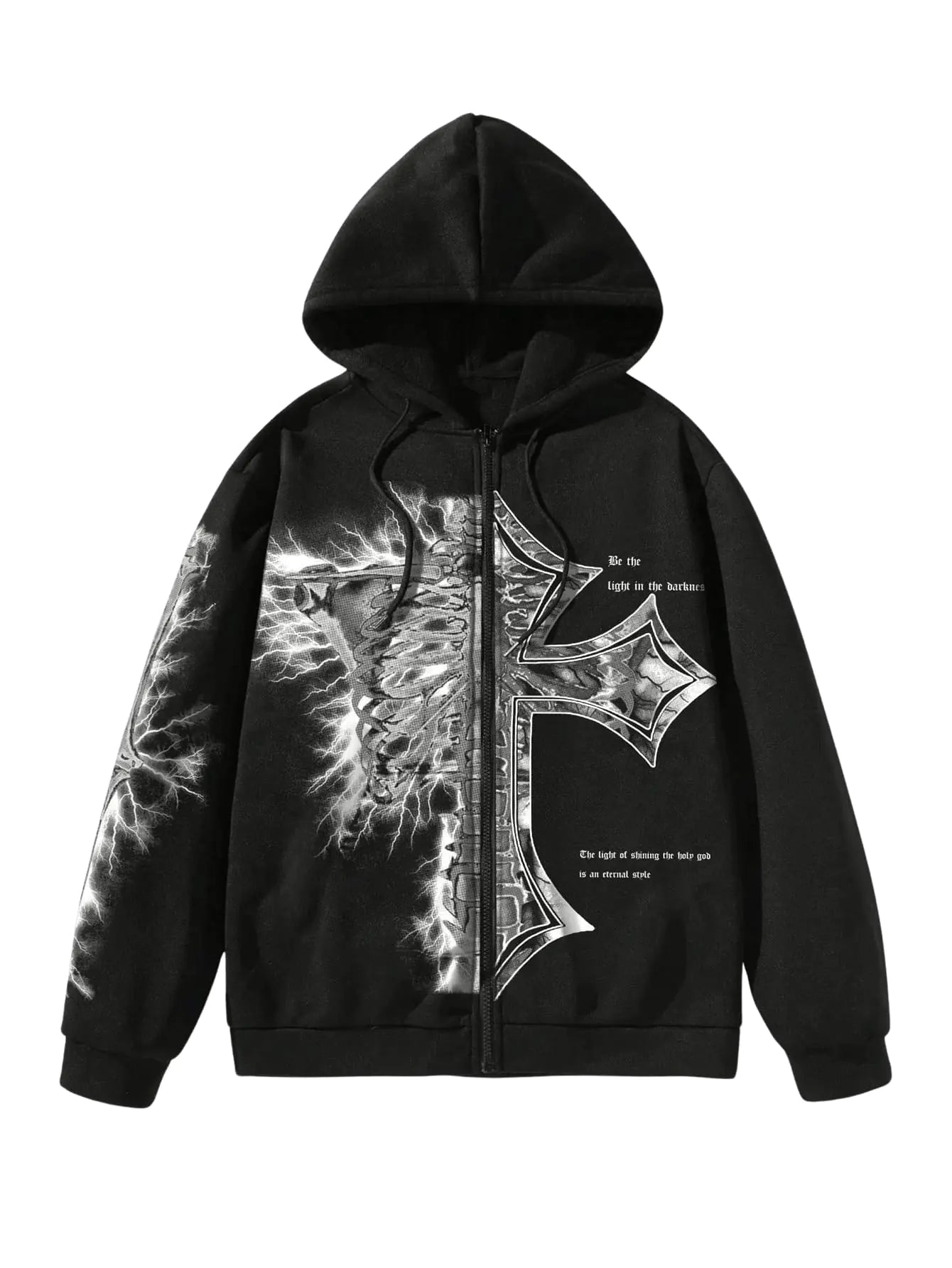 SHENHE Mens Graphic Zip Up Cross Print Hoodie Y2k Goth Hoodie Sweatshirt with Pockets Black Small