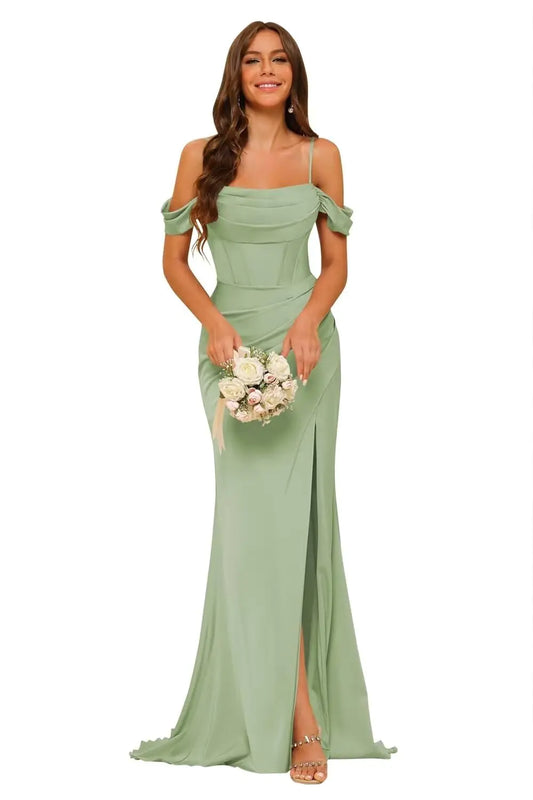 RUMUGUYA Womens Off Shoulder Mermaid Bridesmaid Dresses with Slit Long Satin Formal Dresses Sage Green for Wedding 8