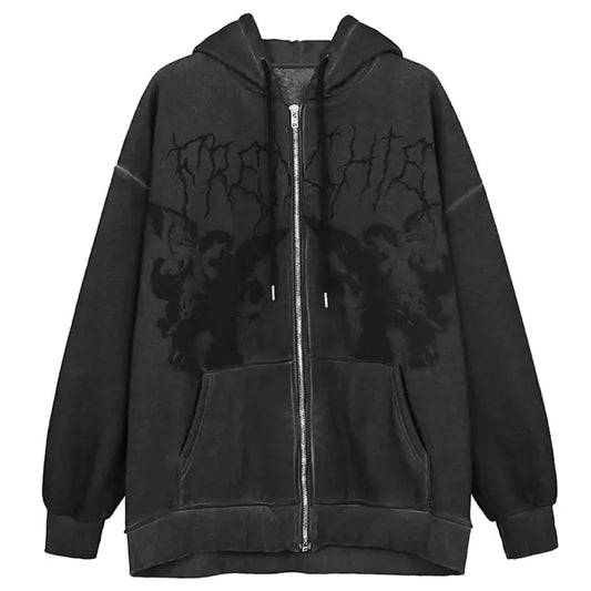 Vintage Angel Print Oversized Zip-Up Hoodie for Women