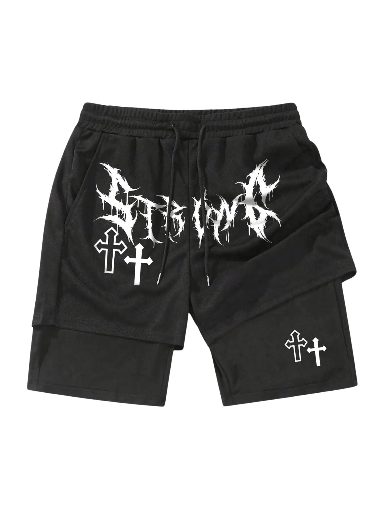 SHENHE Mens Graphic Shorts with Liner Cross Print Drawstring 2 in 1 Goth Gym Track Shorts Black X-Small