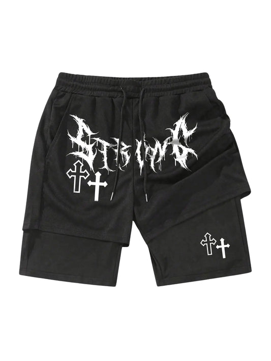 SHENHE Mens Graphic Shorts with Liner Cross Print Drawstring 2 in 1 Goth Gym Track Shorts Black X-Small
